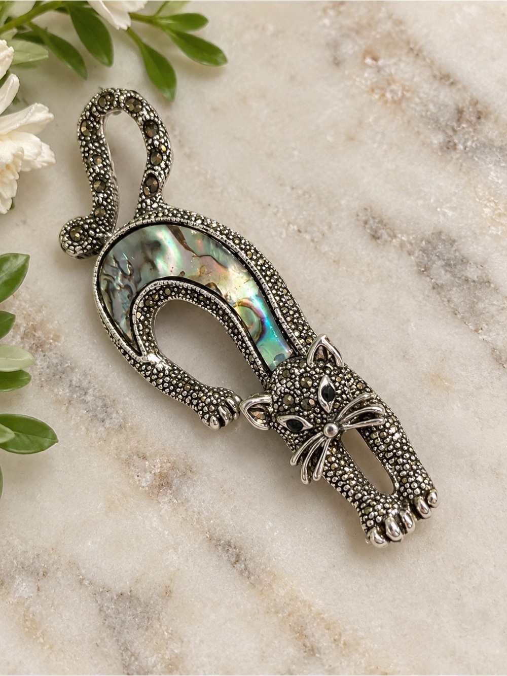 Silver Tone Abalone Cat Brooch Pendant – Marcasite Style 2.5” long